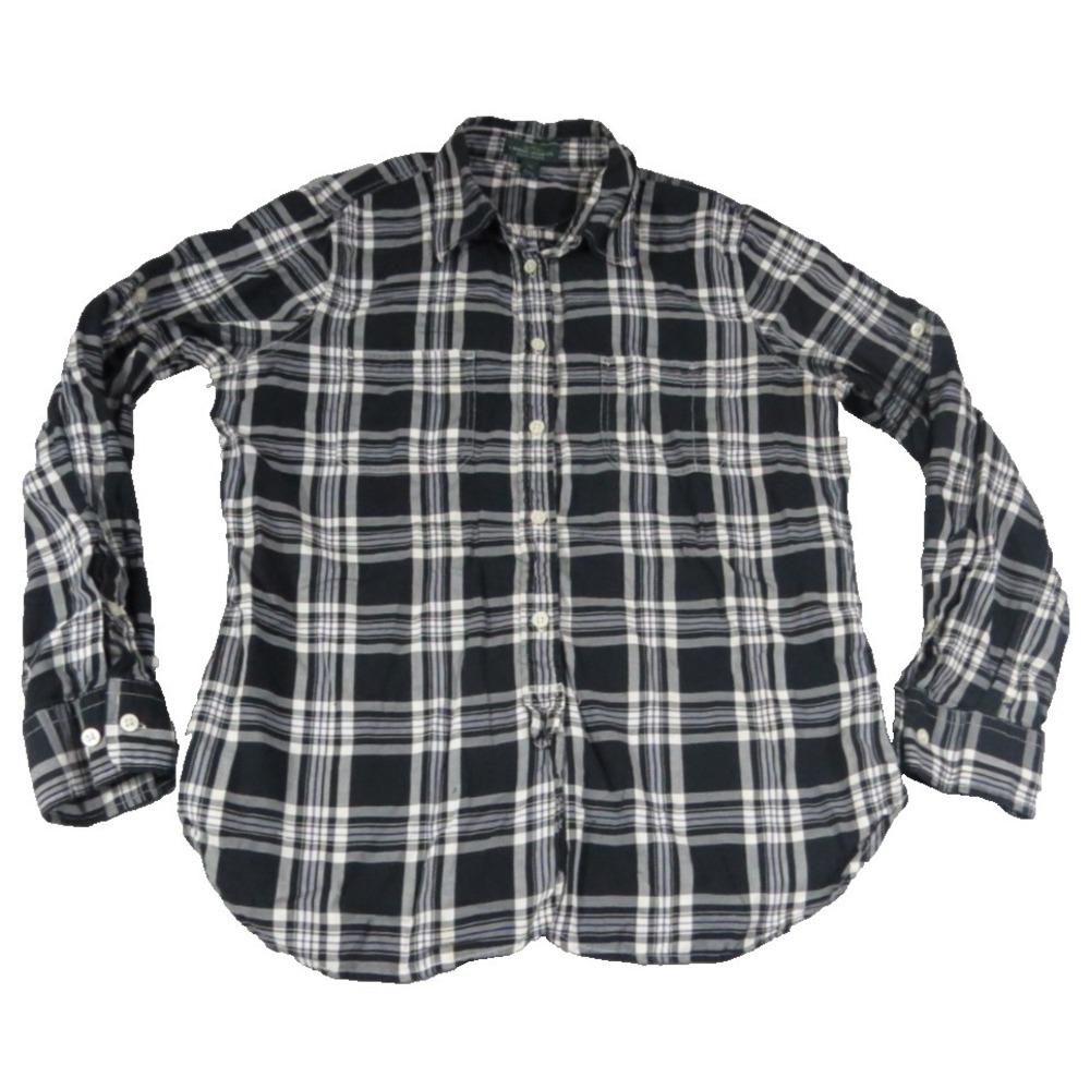 Ralph Lauren Jeans Co Plaid Flannel Shirt Women M Black White Cotton Button Down